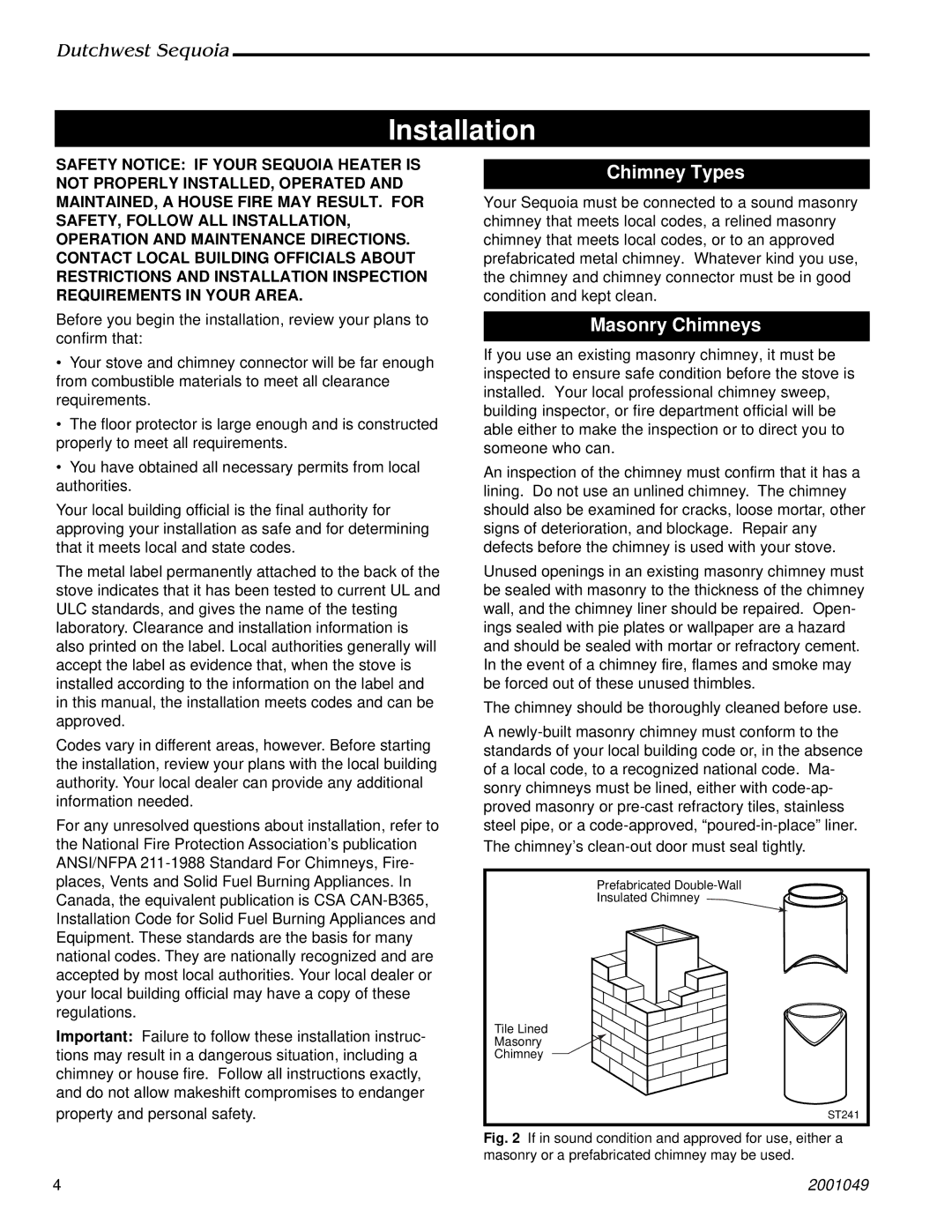 Vermont Casting 2160 manual Installation, Chimney Types, Masonry Chimneys 