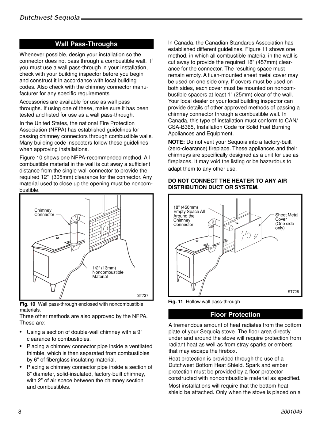 Vermont Casting 2160 manual Wall Pass-Throughs, Floor Protection 