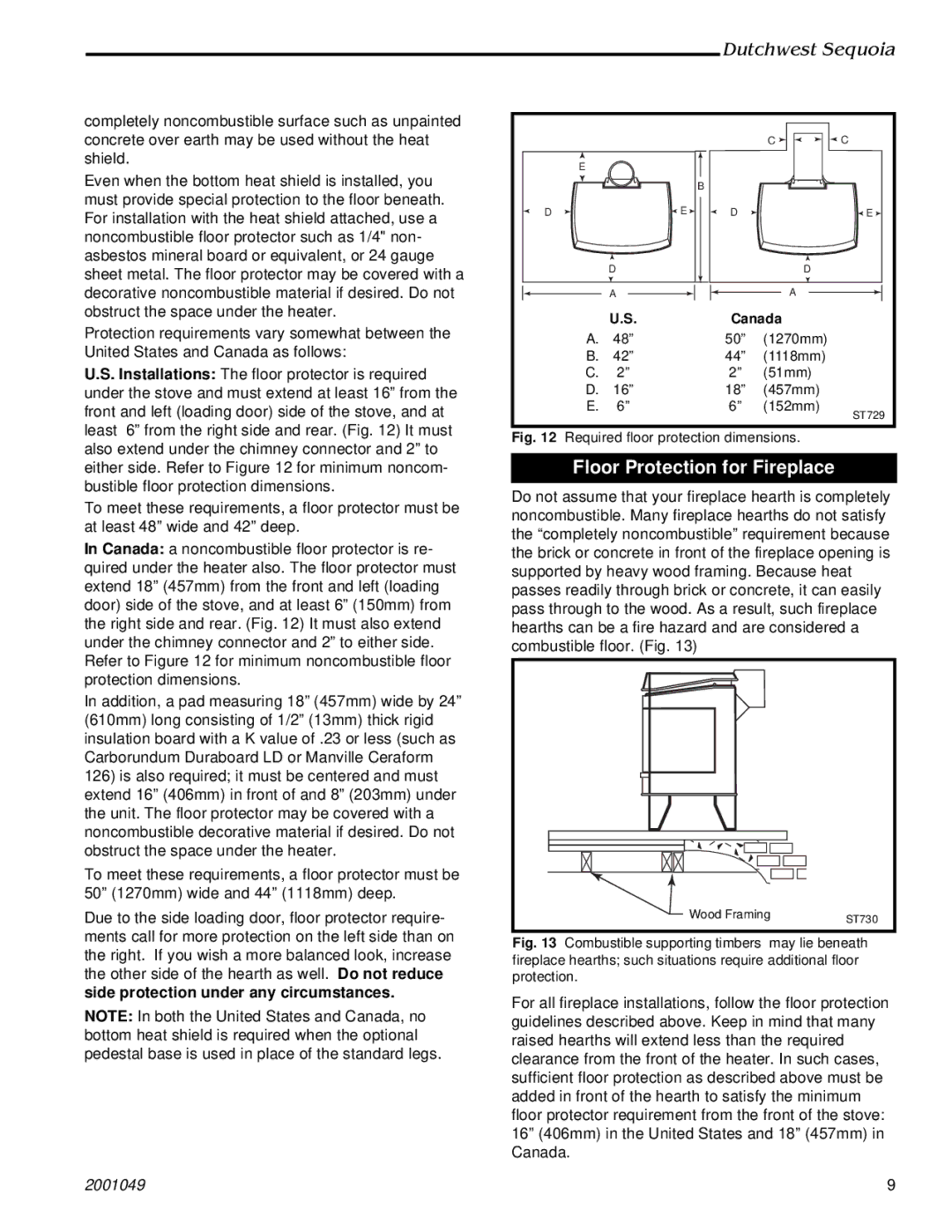 Vermont Casting 2160 manual Floor Protection for Fireplace 