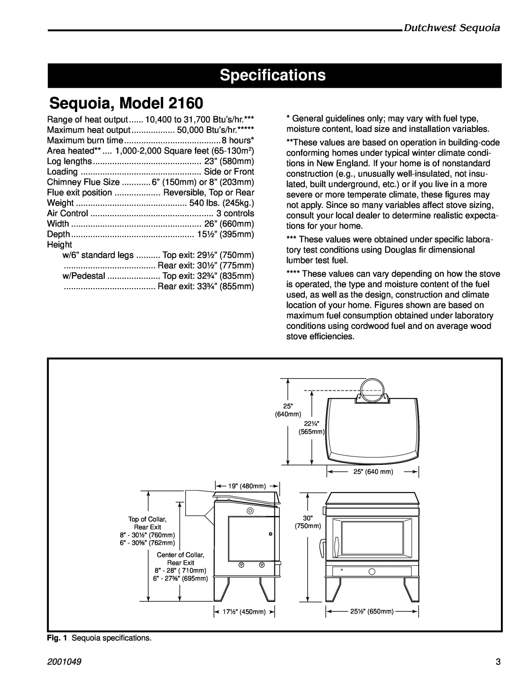 Vermont Casting 2160 manual Specifications, Sequoia, Model, Dutchwest Sequoia, 2001049 