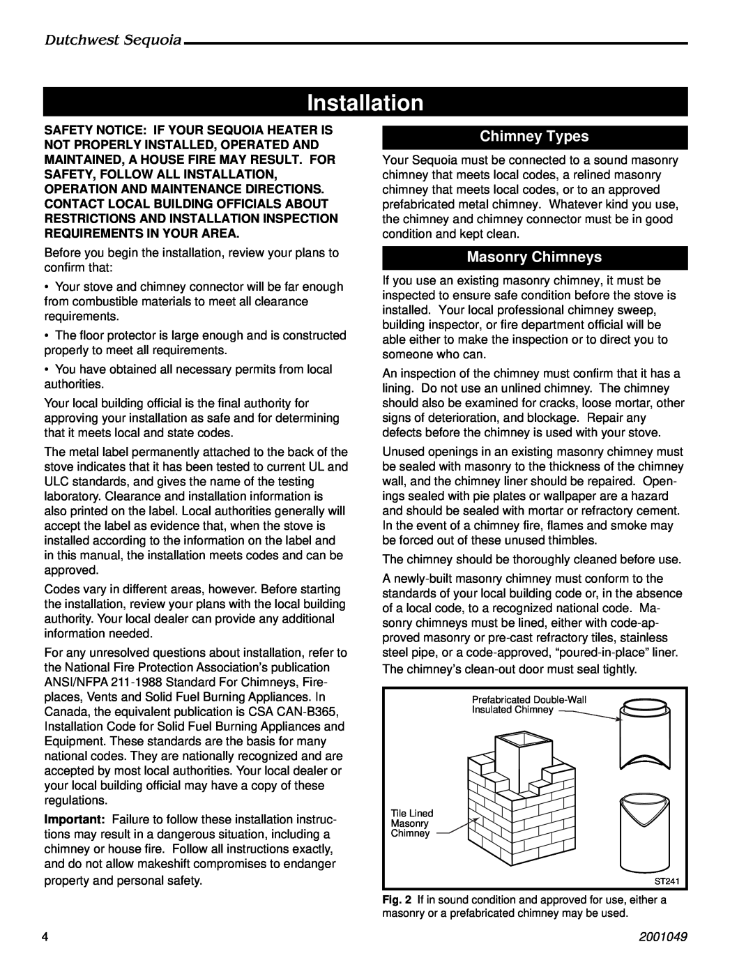Vermont Casting 2160 manual Installation, Chimney Types, Masonry Chimneys, Dutchwest Sequoia, 2001049 