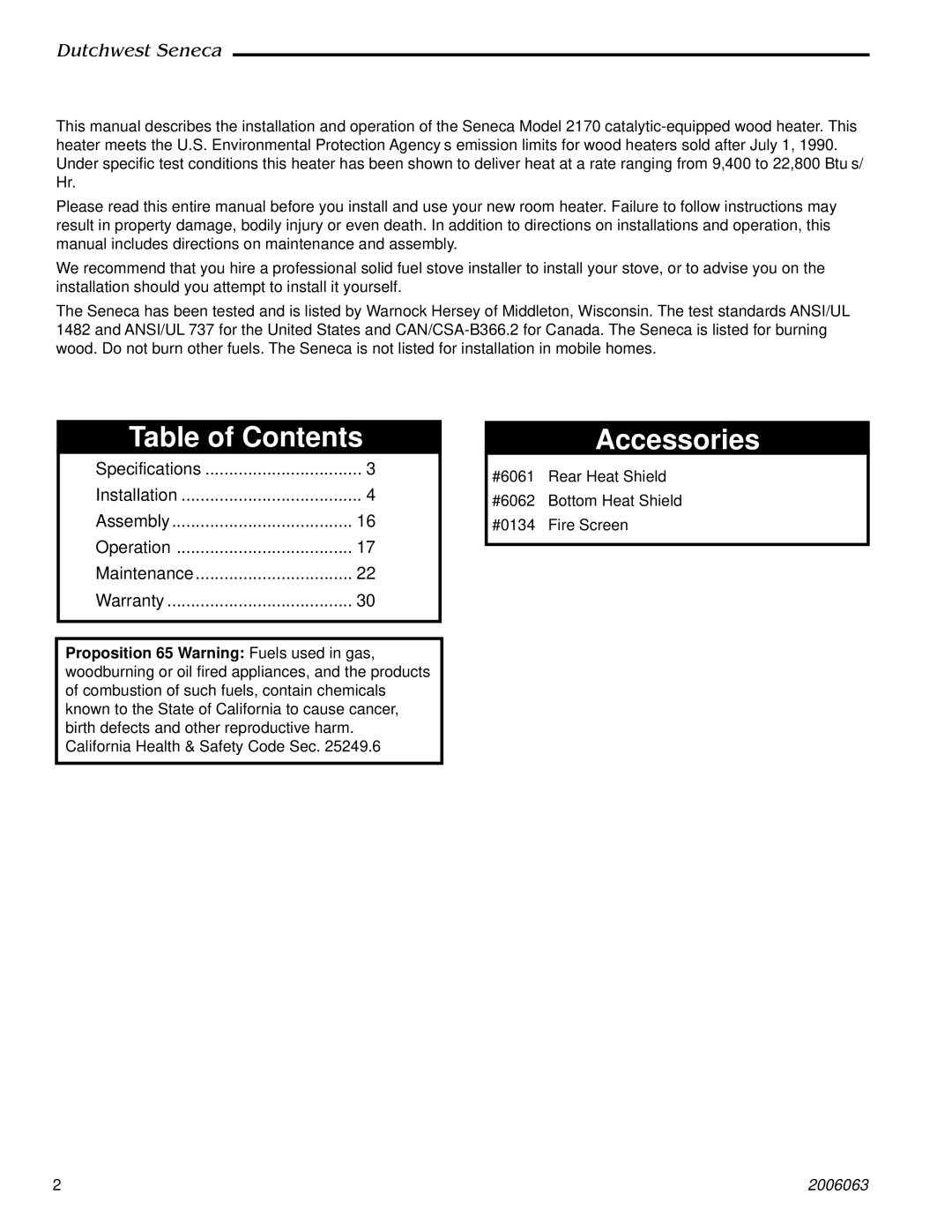 Vermont Casting 2170 manual Table of Contents, Accessories 