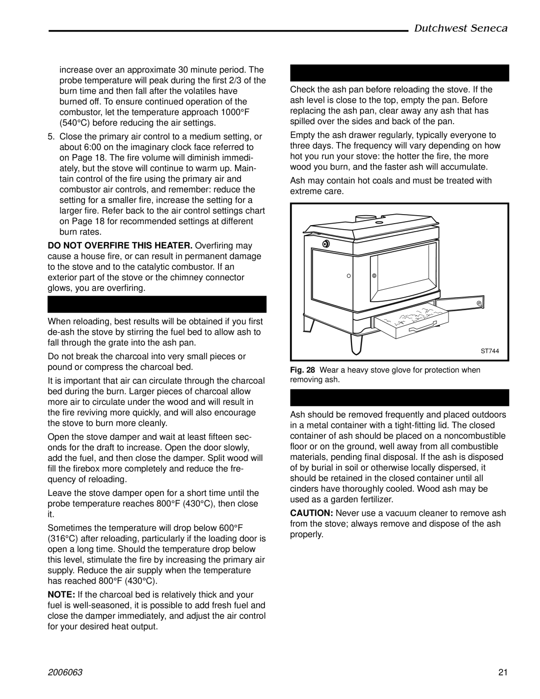 Vermont Casting 2170 manual Reloading and Reviving a Wood Fire, Remove and Store Ash Safely 