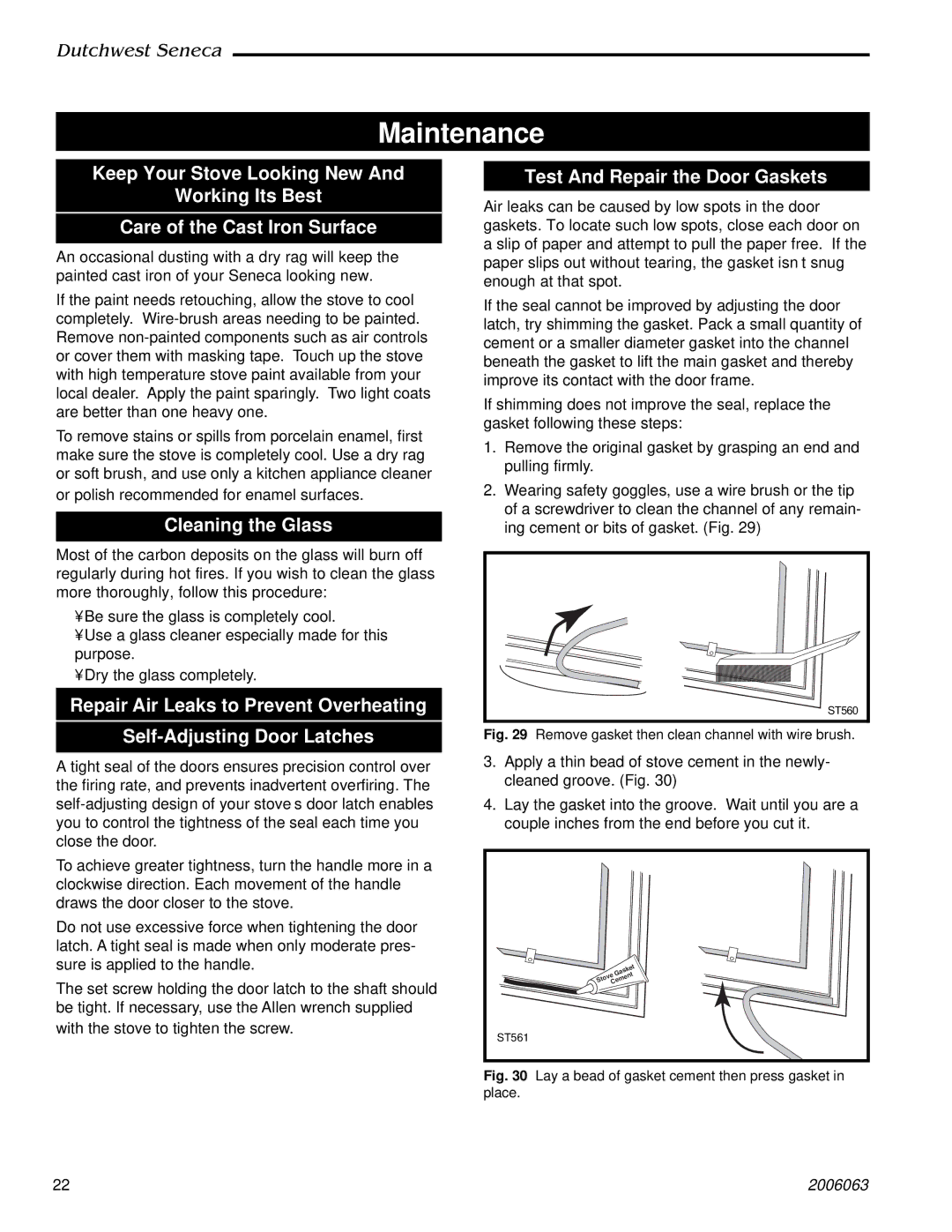 Vermont Casting 2170 manual Maintenance, Cleaning the Glass, Test And Repair the Door Gaskets 