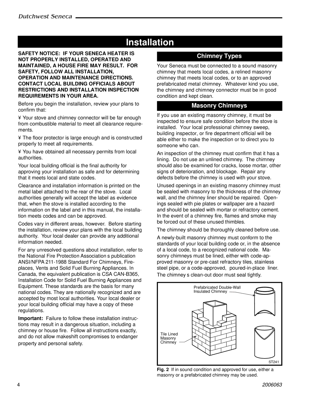 Vermont Casting 2170 manual Installation, Chimney Types, Masonry Chimneys 