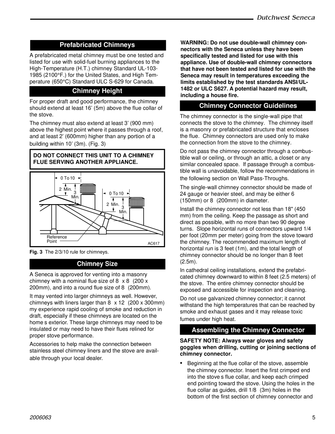 Vermont Casting 2170 manual Prefabricated Chimneys, Chimney Height, Chimney Size, Chimney Connector Guidelines 