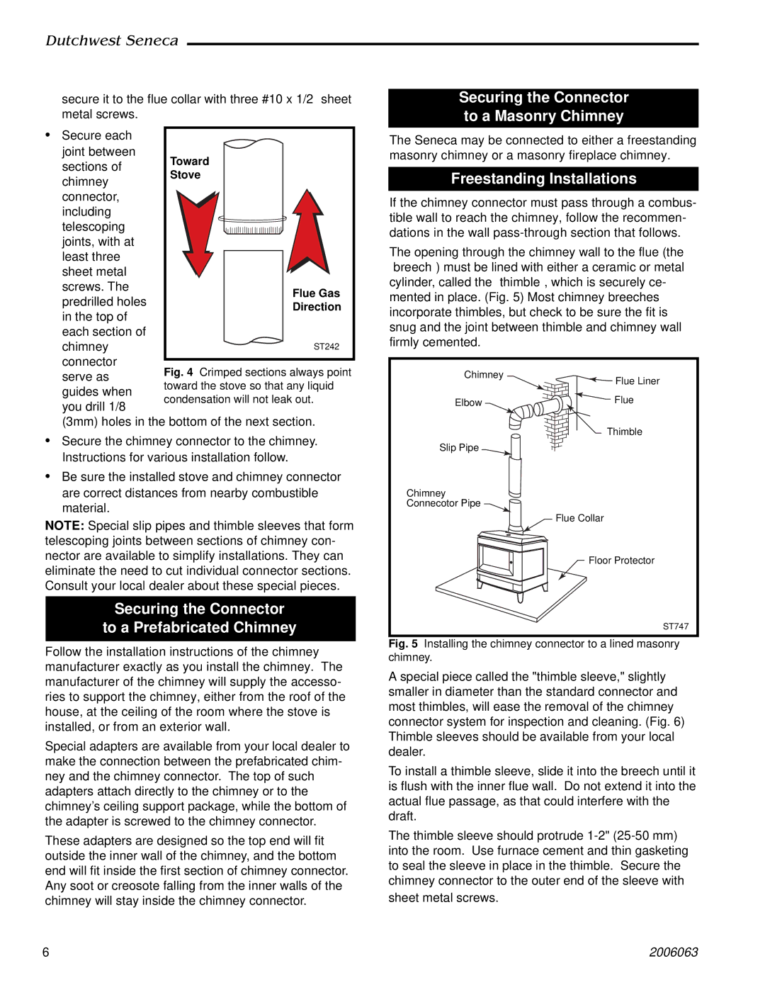 Vermont Casting 2170 manual Securing the Connector To a Prefabricated Chimney, Securing the Connector to a Masonry Chimney 