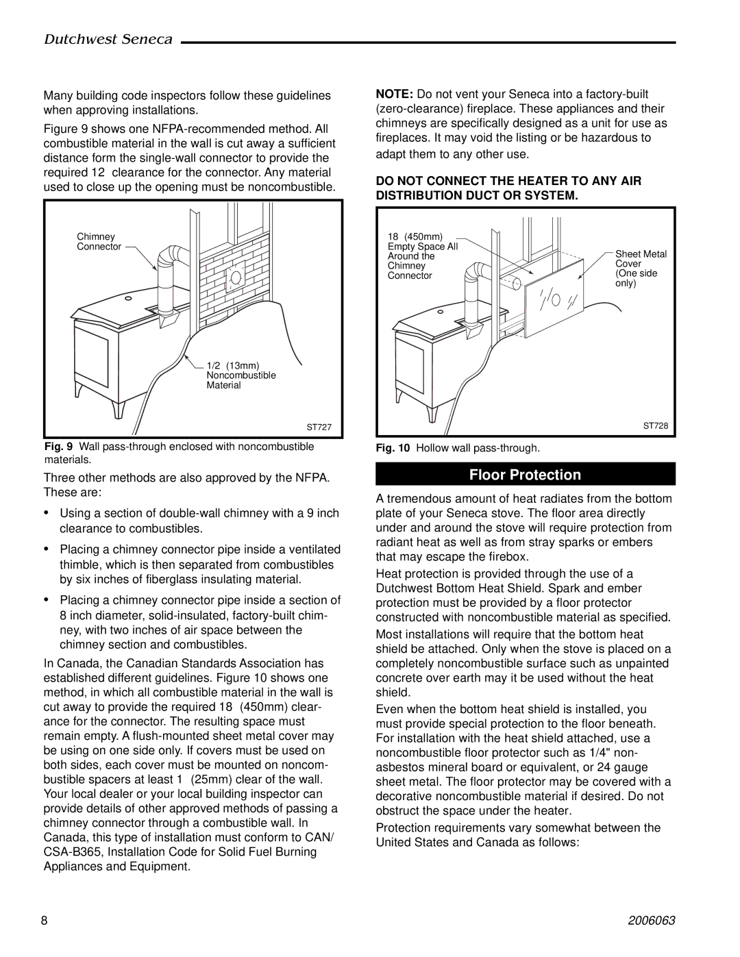 Vermont Casting 2170 manual Floor Protection, Wall pass-through enclosed with noncombustible materials 