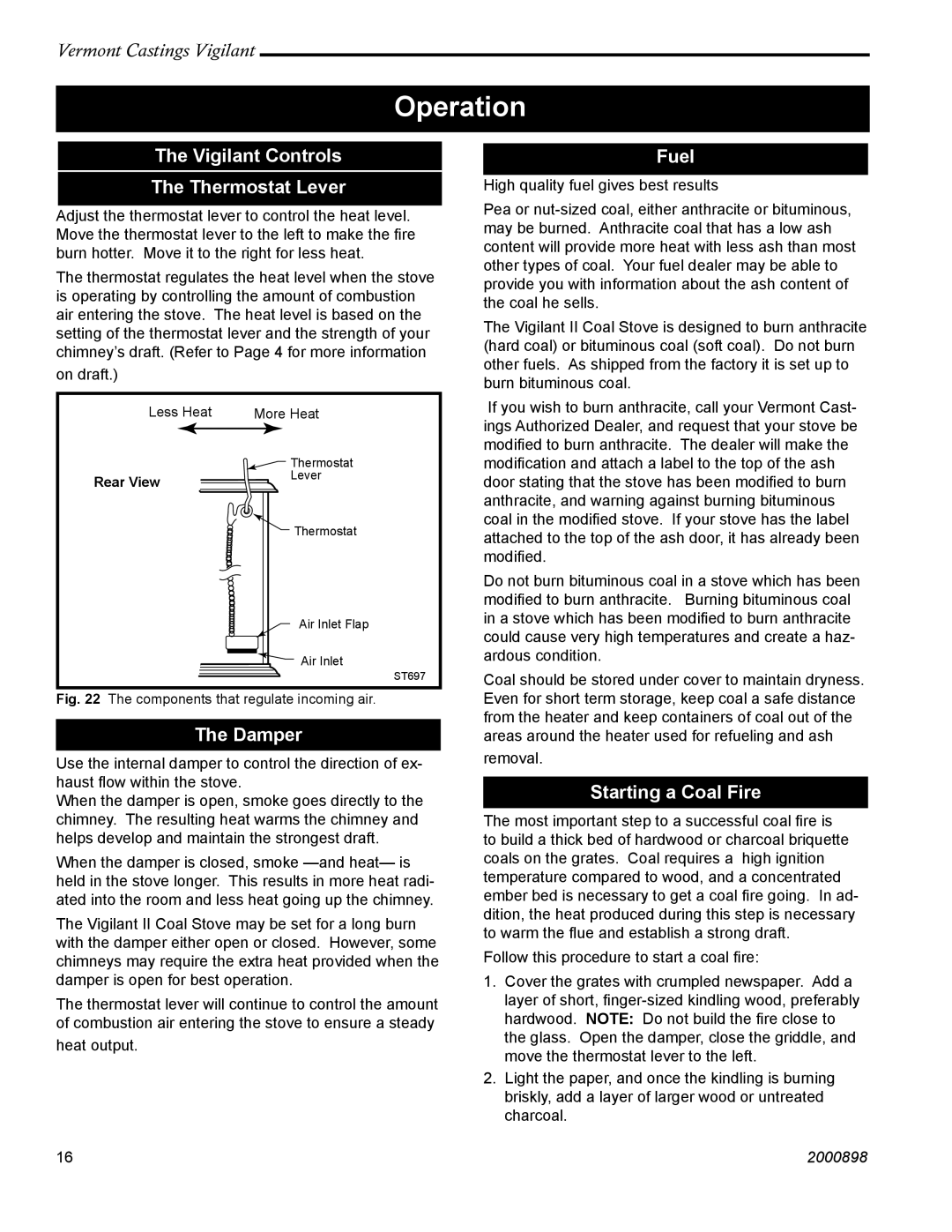 Vermont Casting 2310 Operation, Vigilant Controls Thermostat Lever, Damper, Fuel, Starting a Coal Fire 