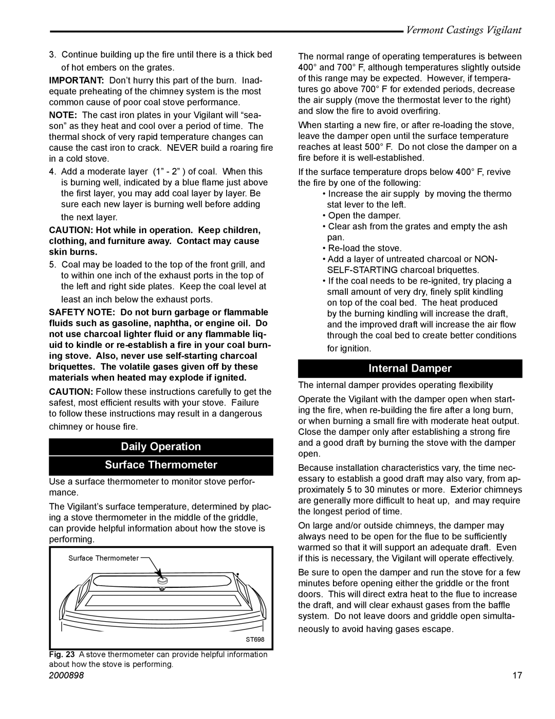 Vermont Casting 2310 operating instructions Daily Operation Surface Thermometer, Internal Damper 