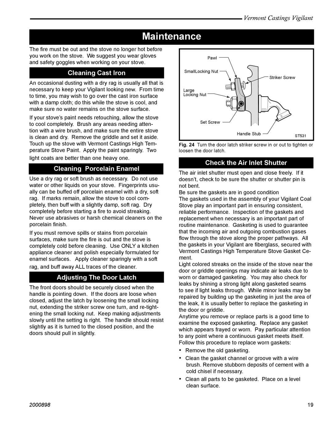 Vermont Casting 2310 Maintenance, Cleaning Cast Iron, Cleaning Porcelain Enamel, Adjusting The Door Latch 