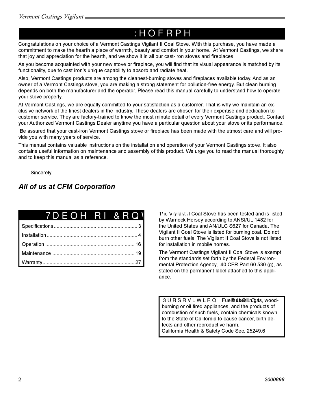 Vermont Casting 2310 operating instructions Welcome, Table of Contents 