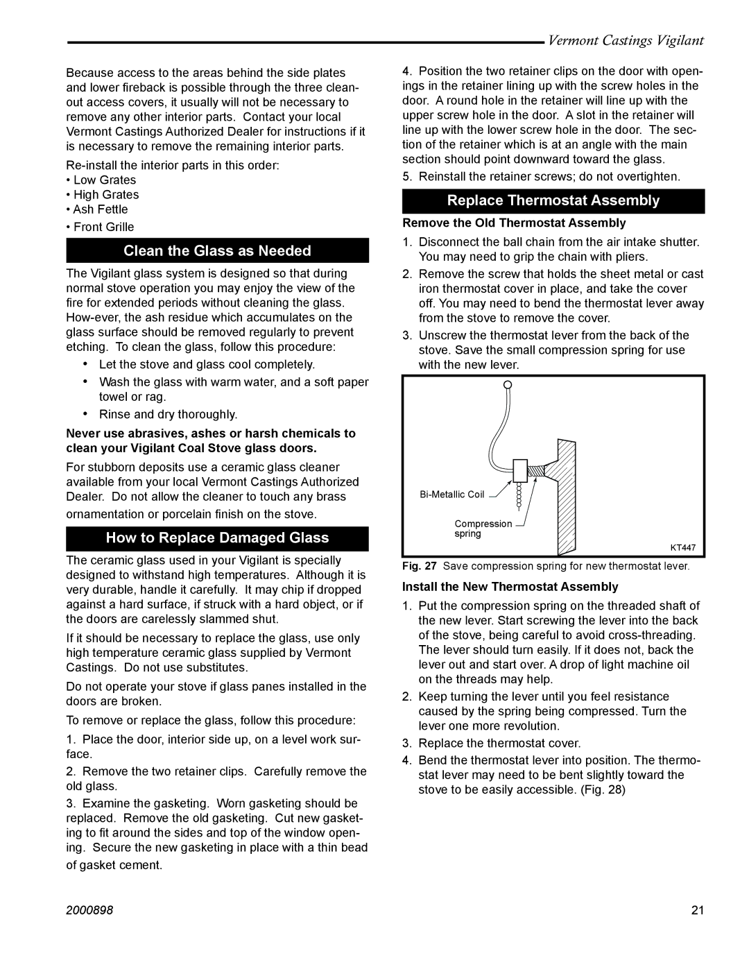 Vermont Casting 2310 Clean the Glass as Needed, How to Replace Damaged Glass, Replace Thermostat Assembly 