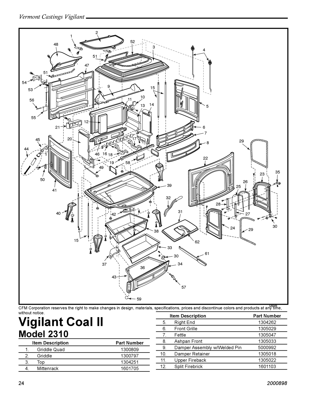 Vermont Casting 2310 operating instructions Vigilant Coal 