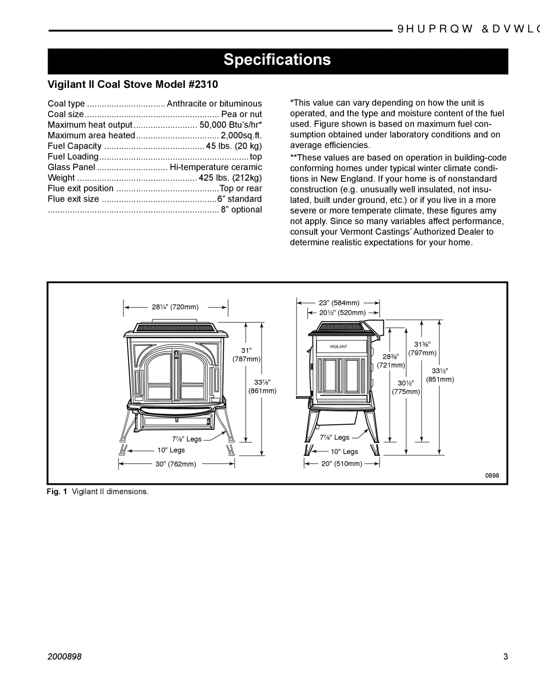 Vermont Casting operating instructions Speciﬁcations, Vigilant II Coal Stove Model #2310 