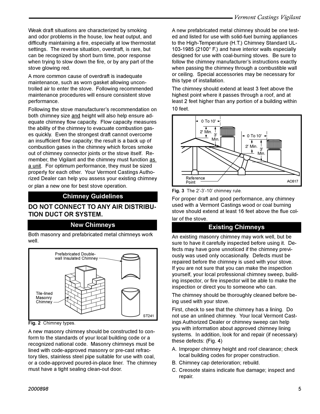 Vermont Casting 2310 operating instructions Chimney Guidelines, New Chimneys, Existing Chimneys 