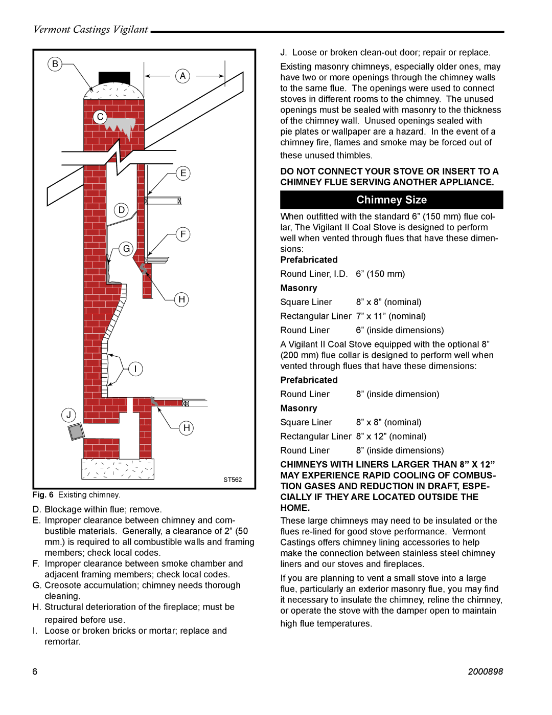 Vermont Casting 2310 operating instructions Chimney Size, Prefabricated, Masonry 