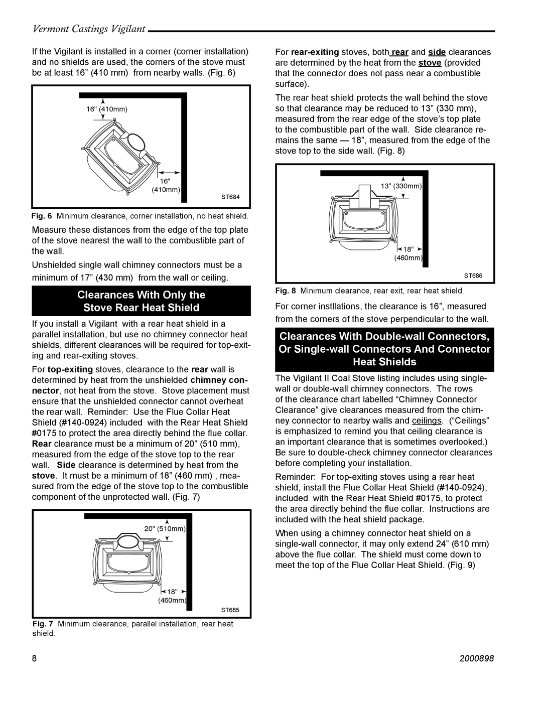 Vermont Casting 2310 Clearances With Only Stove Rear Heat Shield, Minimum clearance, corner installation, no heat shield 