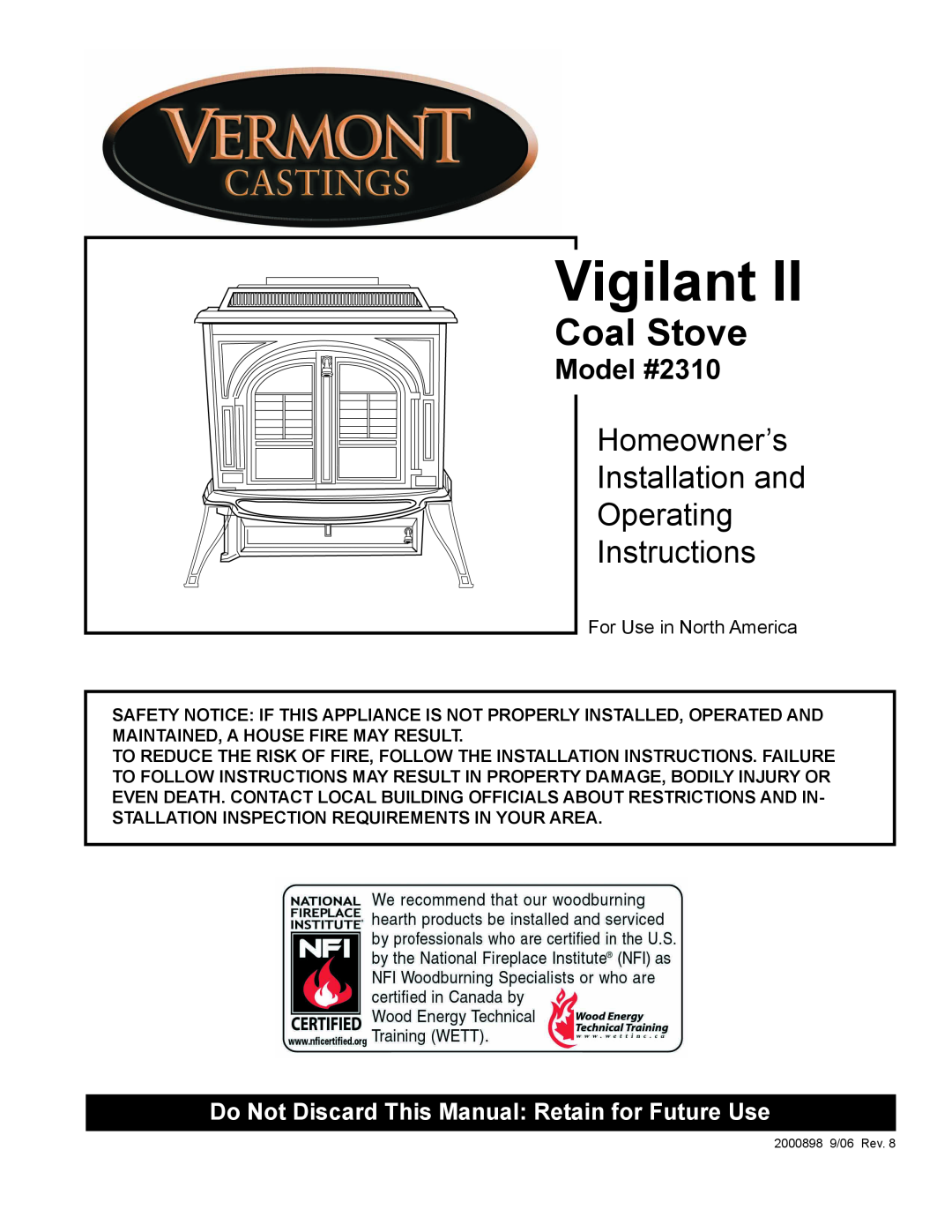 Vermont Casting operating instructions Coal Stove, Model #2310, Vigilant, Homeowner’s Installation and Operating 