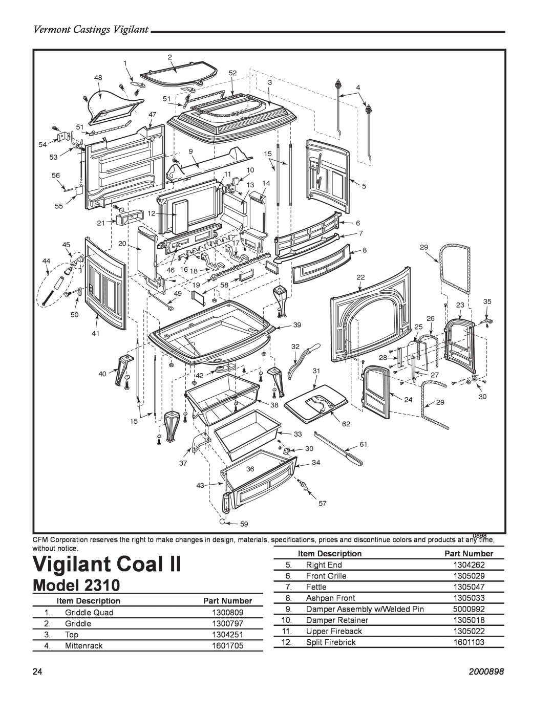 Vermont Casting 2310 Vigilant Coal, Model, Vermont Castings Vigilant, 2000898, Item Description, Part Number 