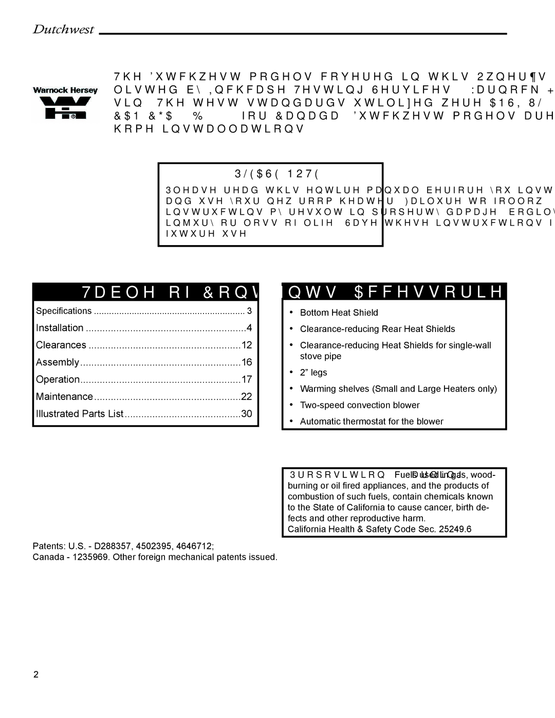 Vermont Casting 2460, 2461, 2462 manual Accessories, Table of Contents 