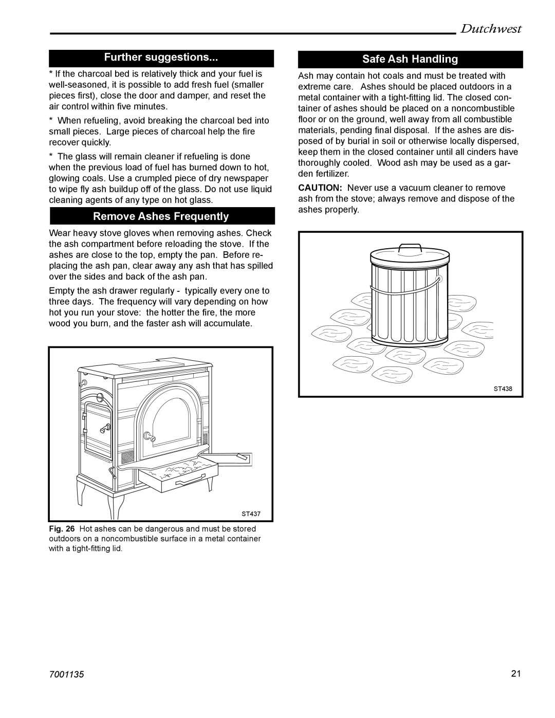 Vermont Casting 2461, 2462, 2460 manual Further suggestions, Remove Ashes Frequently, Safe Ash Handling 