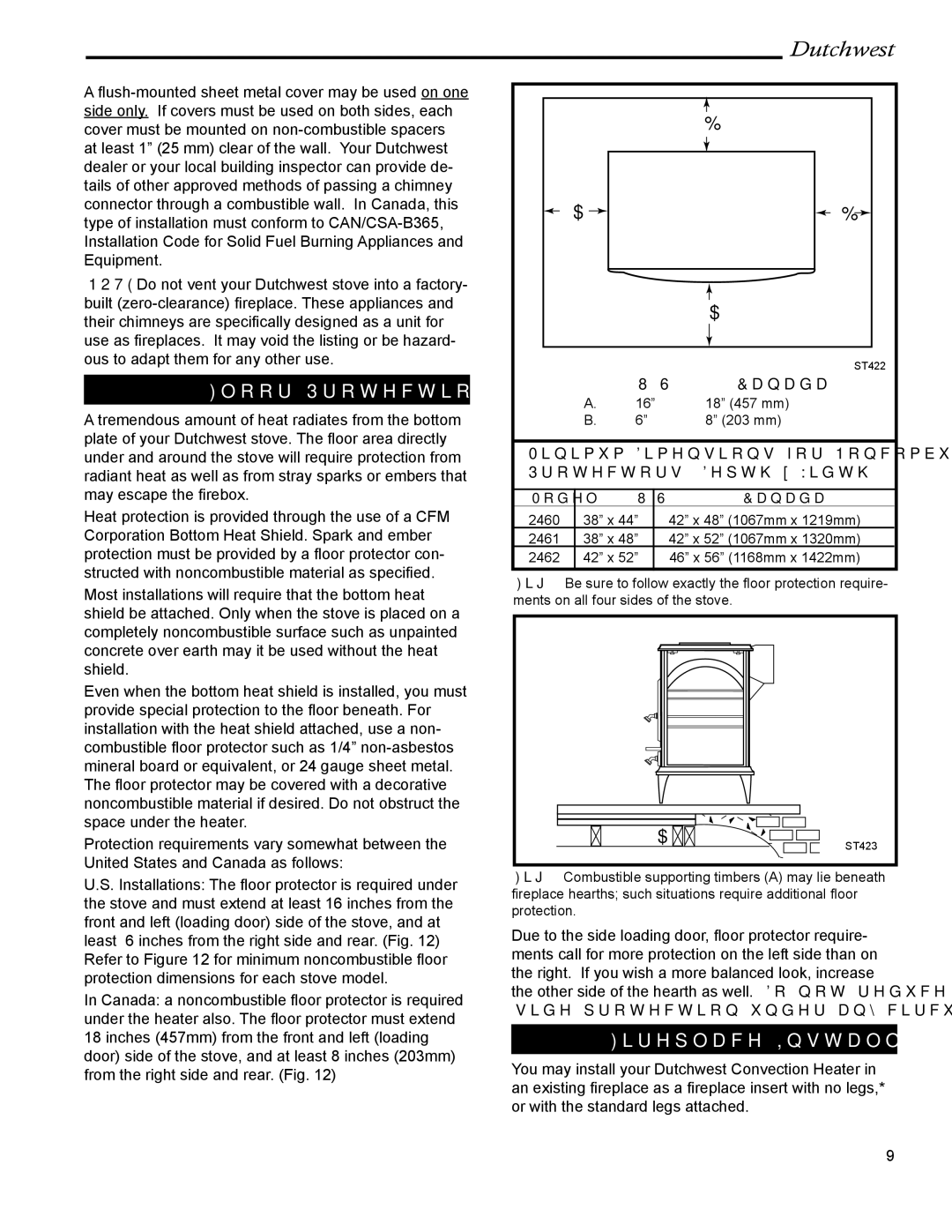 Vermont Casting 2461, 2462, 2460 manual Floor Protection, Fireplace Installations, Model Canada 