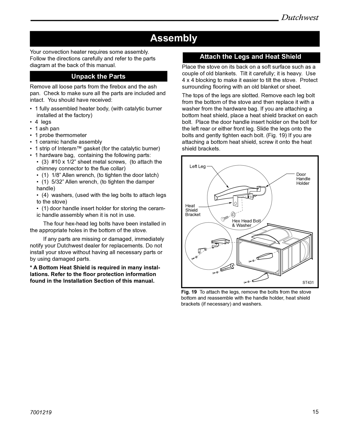 Vermont Casting 2463 manual Assembly, Unpack the Parts, Attach the Legs and Heat Shield 