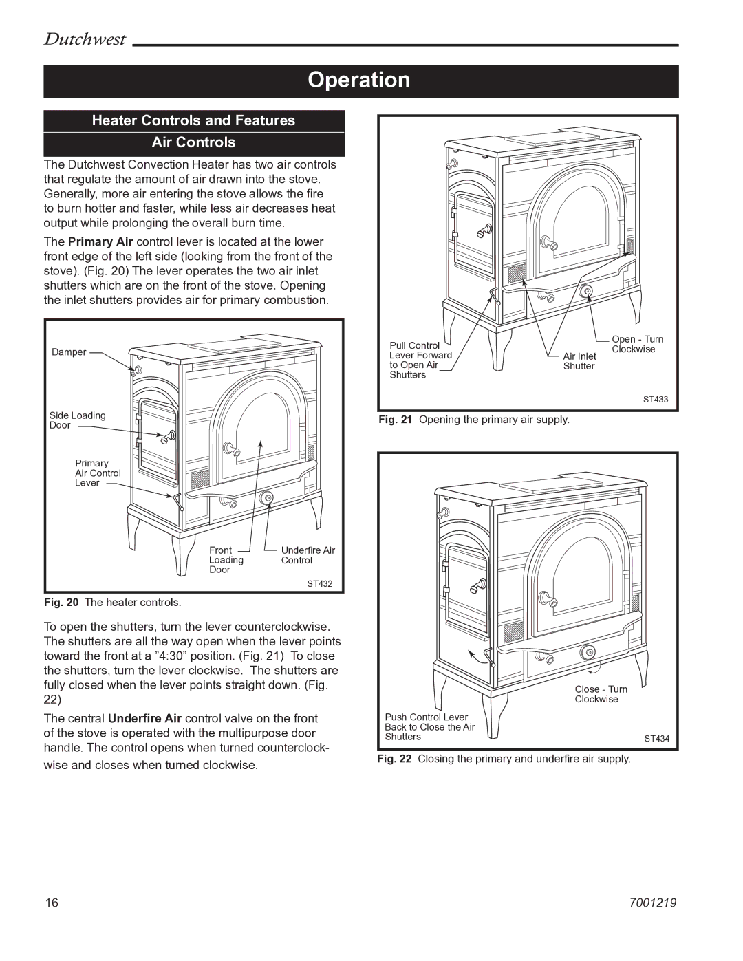 Vermont Casting 2463 manual Operation, Heater Controls and Features Air Controls 