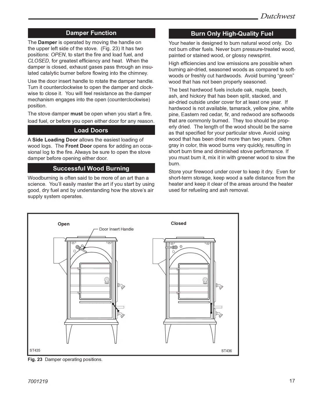 Vermont Casting 2463 manual Damper Function, Load Doors, Successful Wood Burning, Burn Only High-Quality Fuel 