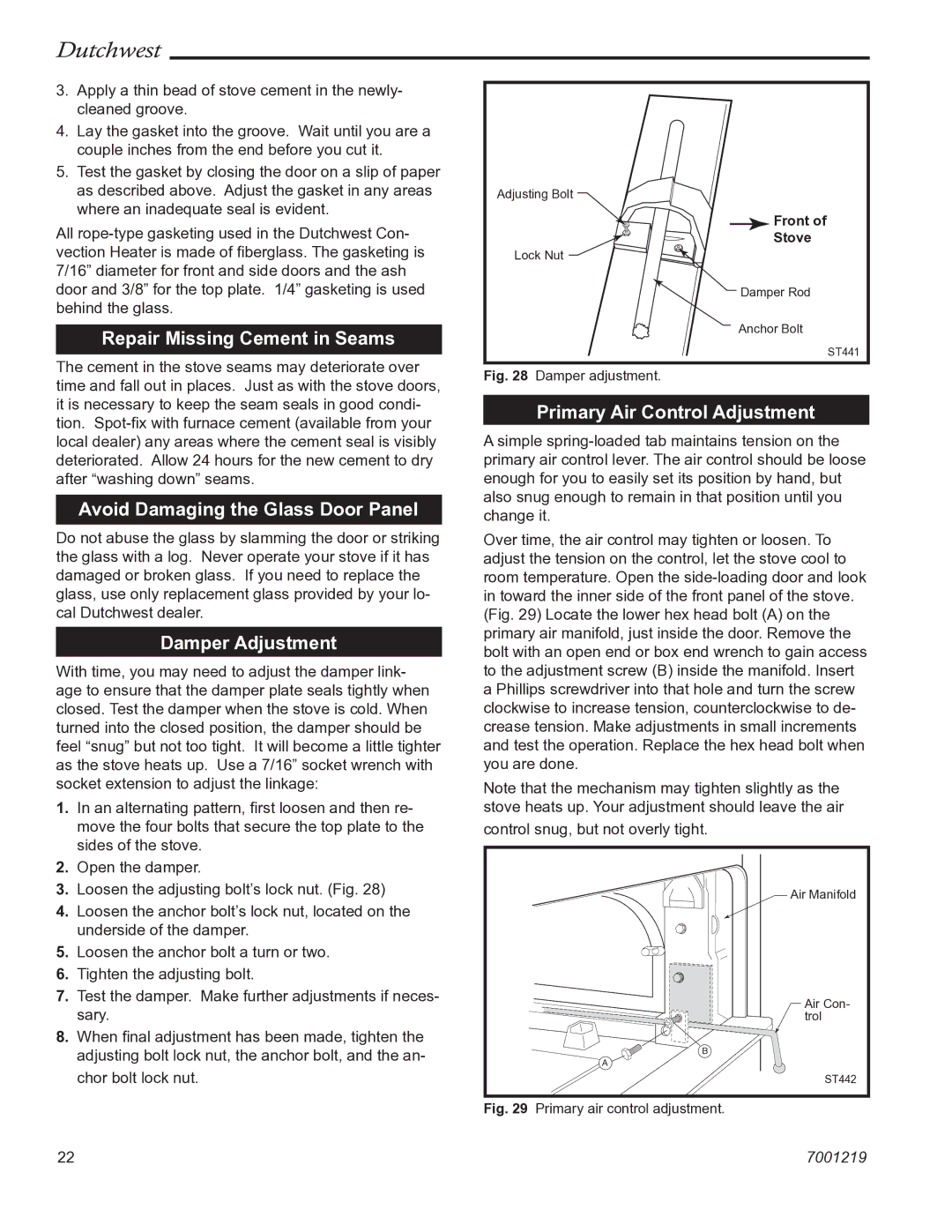 Vermont Casting 2463 manual Repair Missing Cement in Seams, Avoid Damaging the Glass Door Panel, Damper Adjustment 