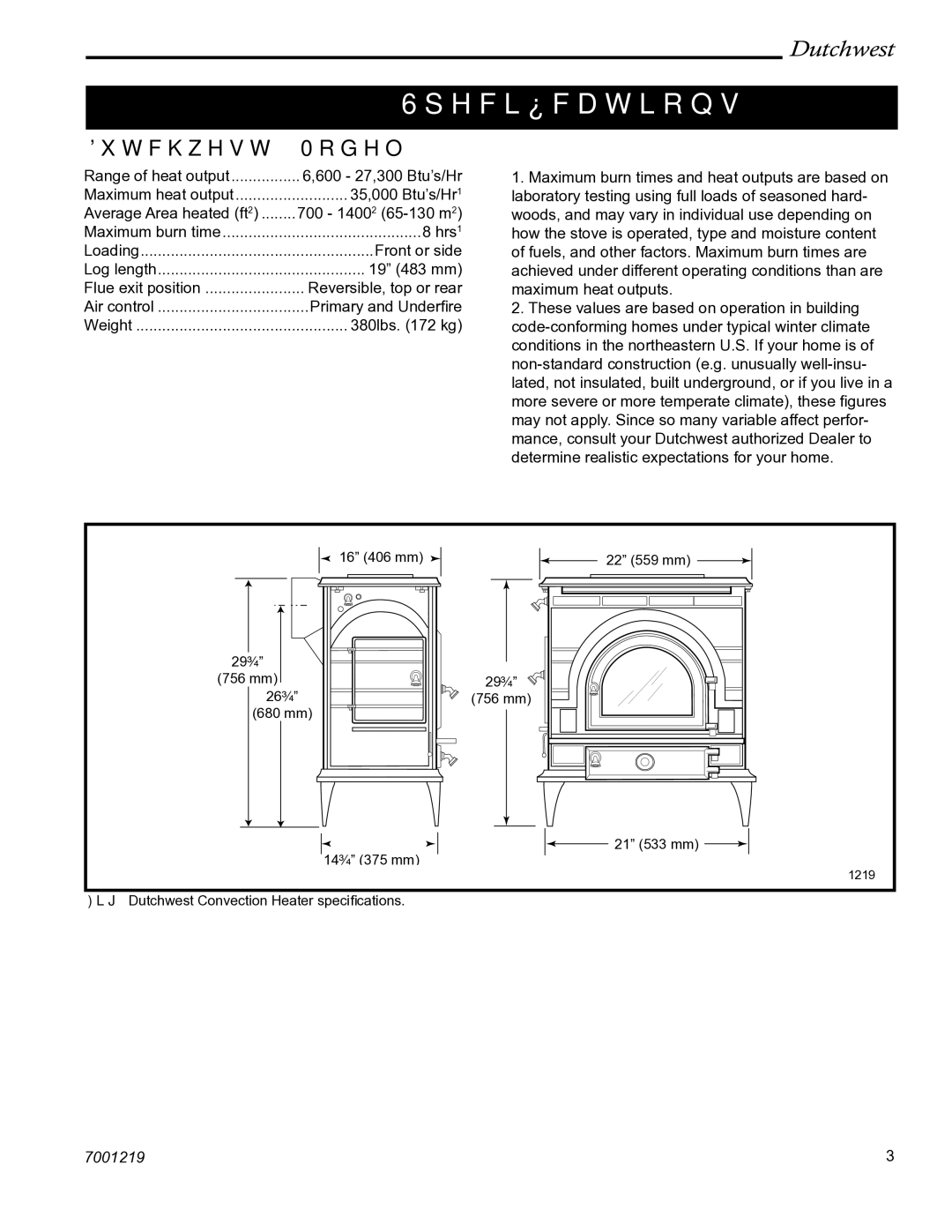 Vermont Casting 2463 manual Speciﬁcations, Dutchwest, Model 