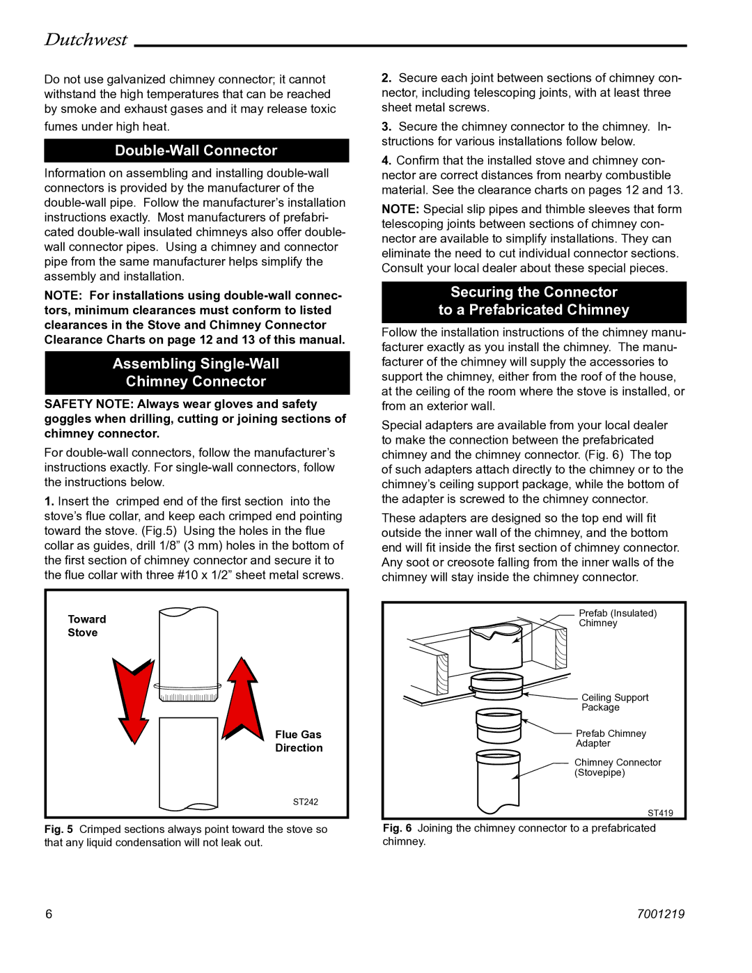 Vermont Casting 2463 manual Double-Wall Connector, Assembling Single-Wall Chimney Connector 