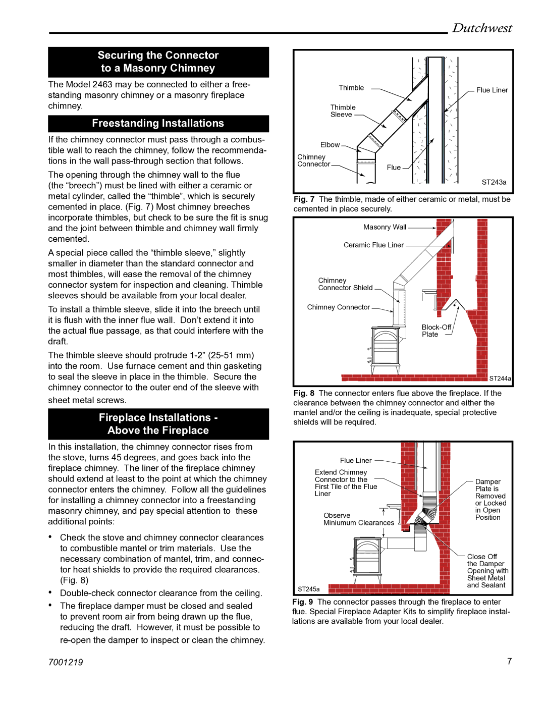 Vermont Casting 2463 manual Securing the Connector to a Masonry Chimney, Freestanding Installations 