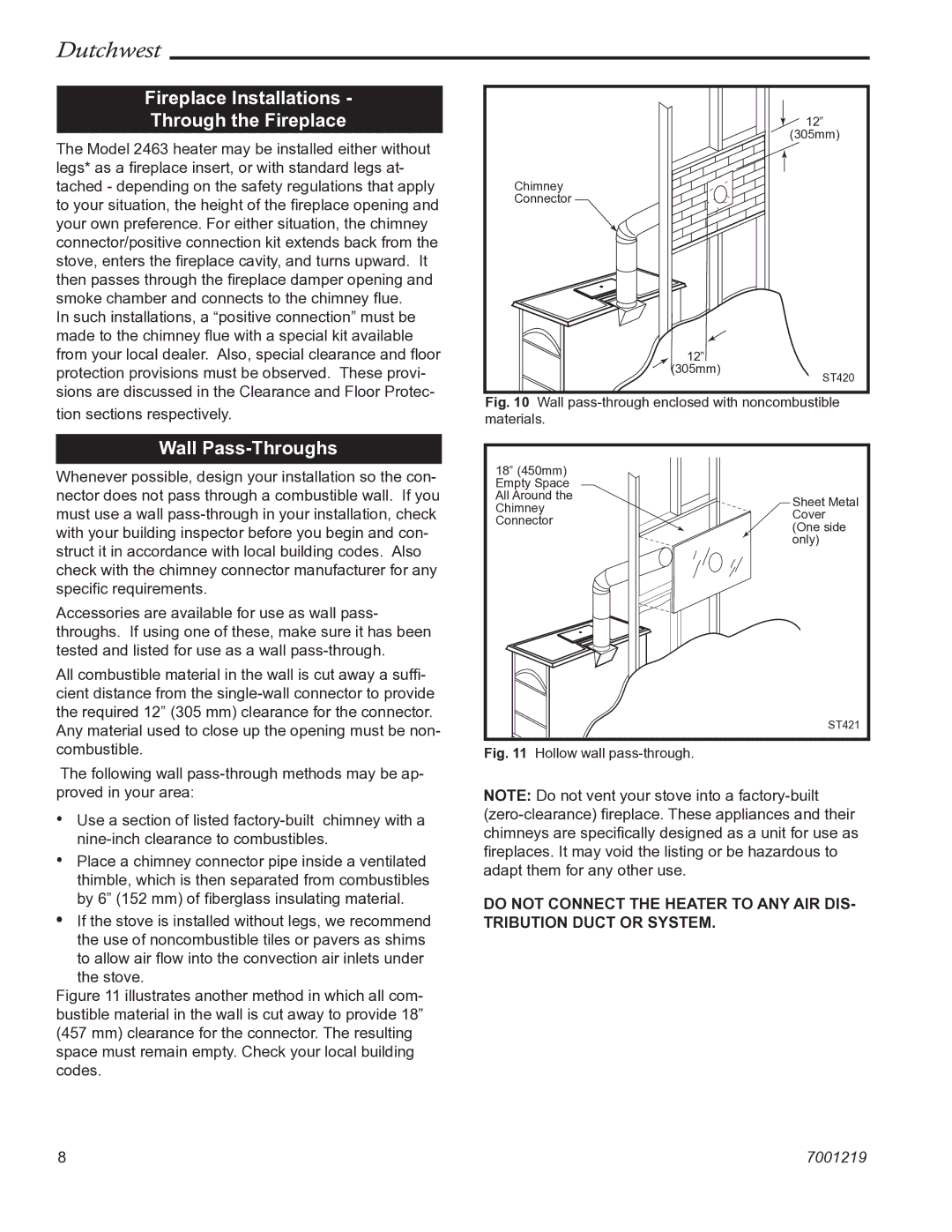 Vermont Casting 2463 manual Fireplace Installations Through the Fireplace, Wall Pass-Throughs 