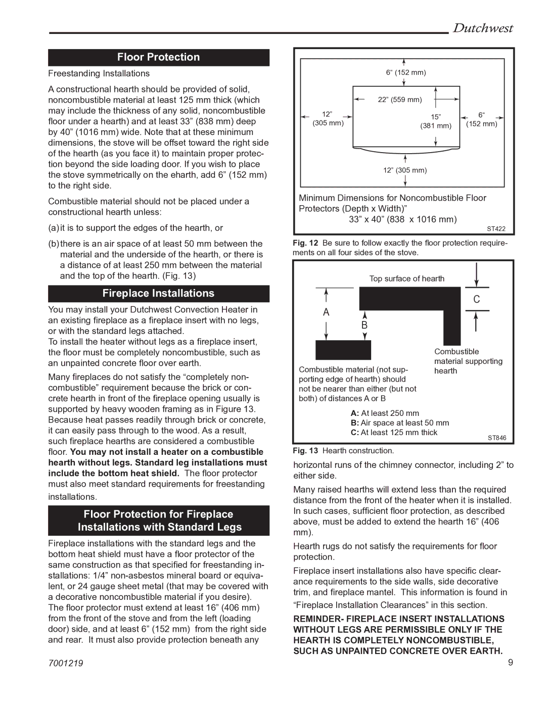 Vermont Casting 2463 manual Floor Protection, Fireplace Installations 