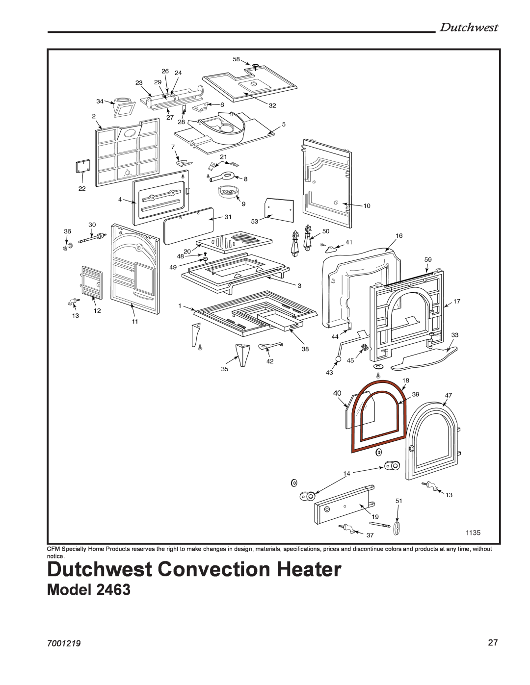 Vermont Casting 2463 manual Dutchwest Convection Heater, Model, 7001219 