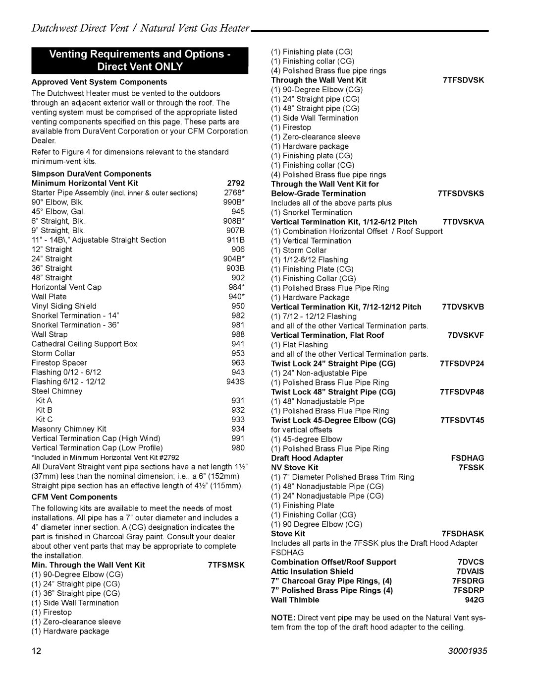 Vermont Casting 2466, 2465 manual Venting Requirements and Options Direct Vent only, Approved Vent System Components 