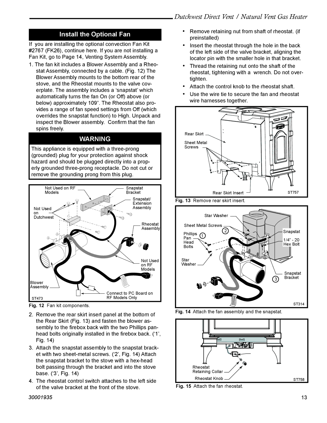 Vermont Casting 2465, 2466 manual Install the Optional Fan, Remove rear skirt insert 