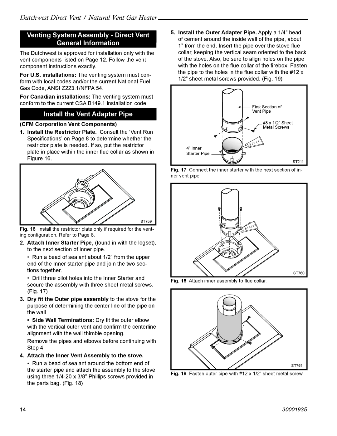 Vermont Casting 2466, 2465 manual Venting System Assembly Direct Vent General Information, Install the Vent Adapter Pipe 