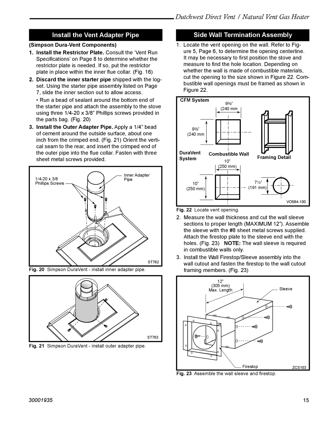 Vermont Casting 2465, 2466 manual Side Wall Termination Assembly, Simpson DuraVent install inner adapter pipe 