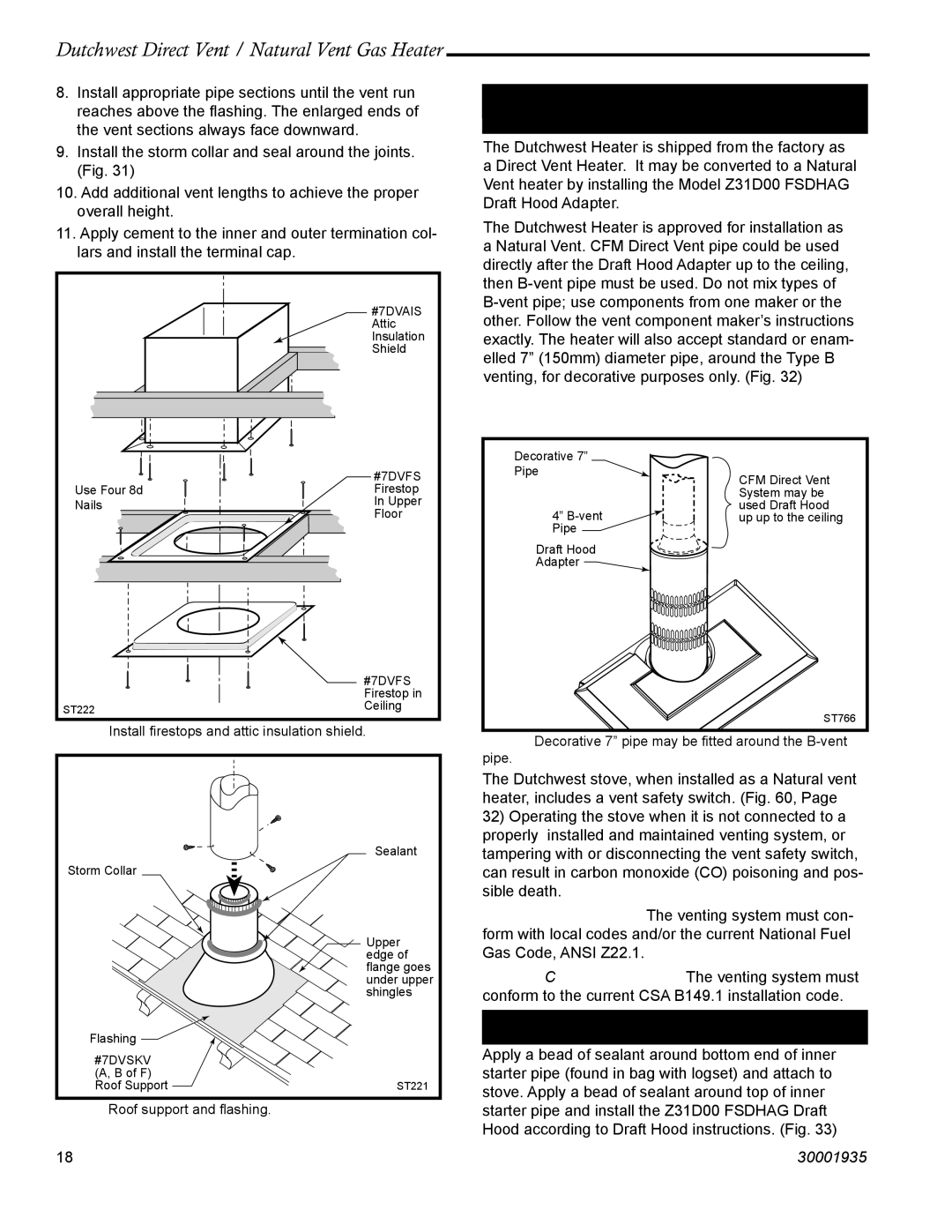 Vermont Casting 2466, 2465 manual Venting System Assembly Natural Vent General Information, Install the Vent Pipe 