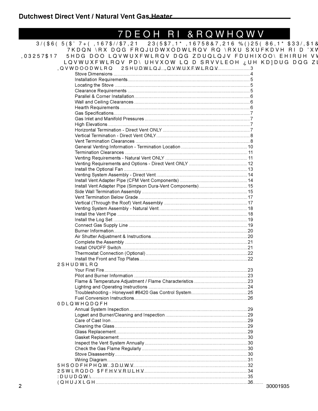 Vermont Casting 2466, 2465 manual Table of Contents 