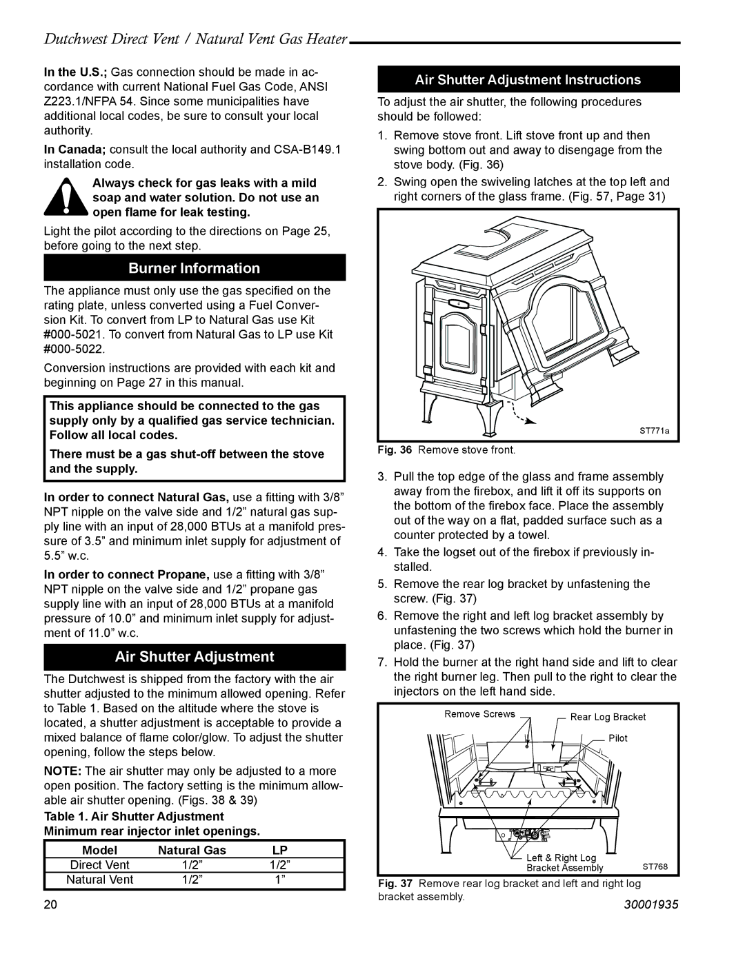 Vermont Casting 2466, 2465 manual Burner Information, Air Shutter Adjustment 