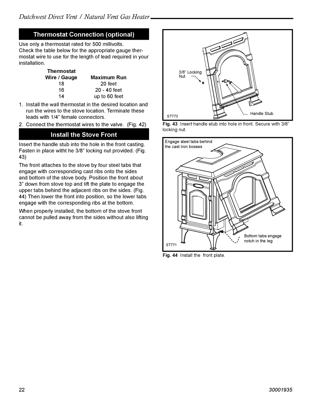 Vermont Casting 2466, 2465 manual Thermostat Connection optional, Install the Stove Front, Maximum Run 