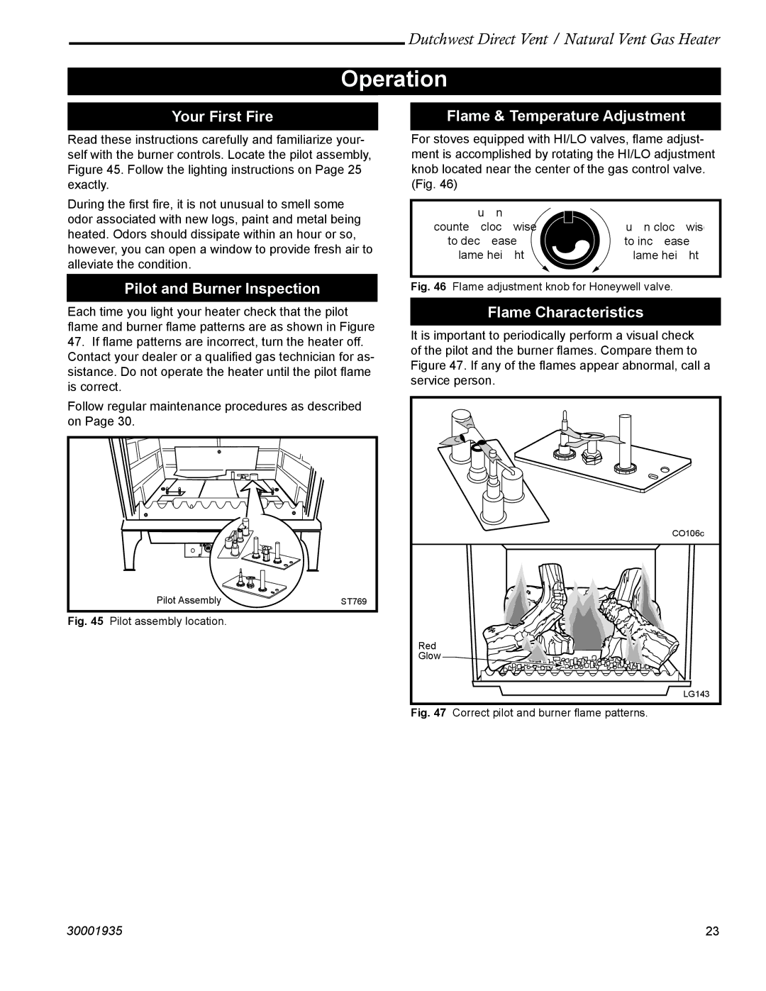 Vermont Casting 2465, 2466 manual Operation, Your First Fire, Pilot and Burner Inspection, Flame & Temperature Adjustment 