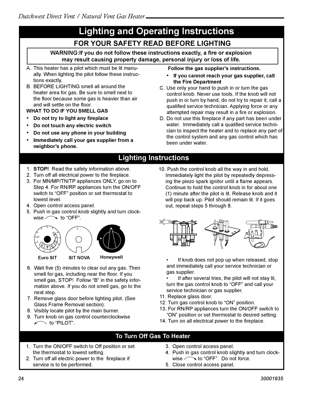 Vermont Casting 2466, 2465 manual Lighting and Operating Instructions, To Turn Off Gas To Heater 