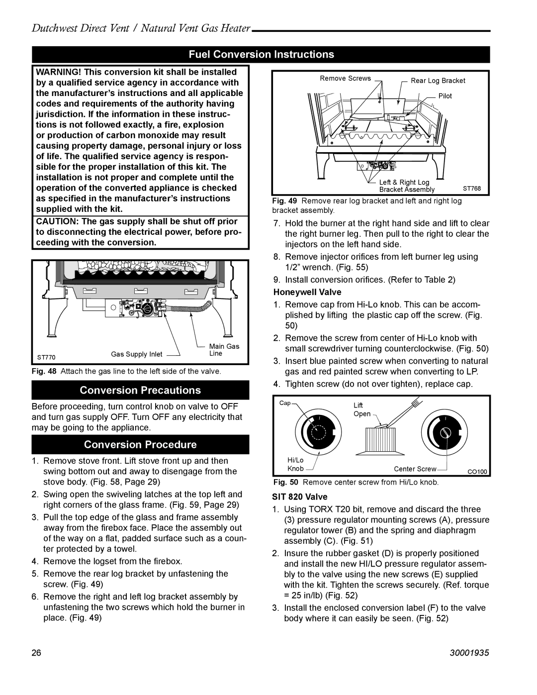 Vermont Casting 2466, 2465 Fuel Conversion Instructions, Conversion Precautions, Conversion Procedure, Honeywell Valve 