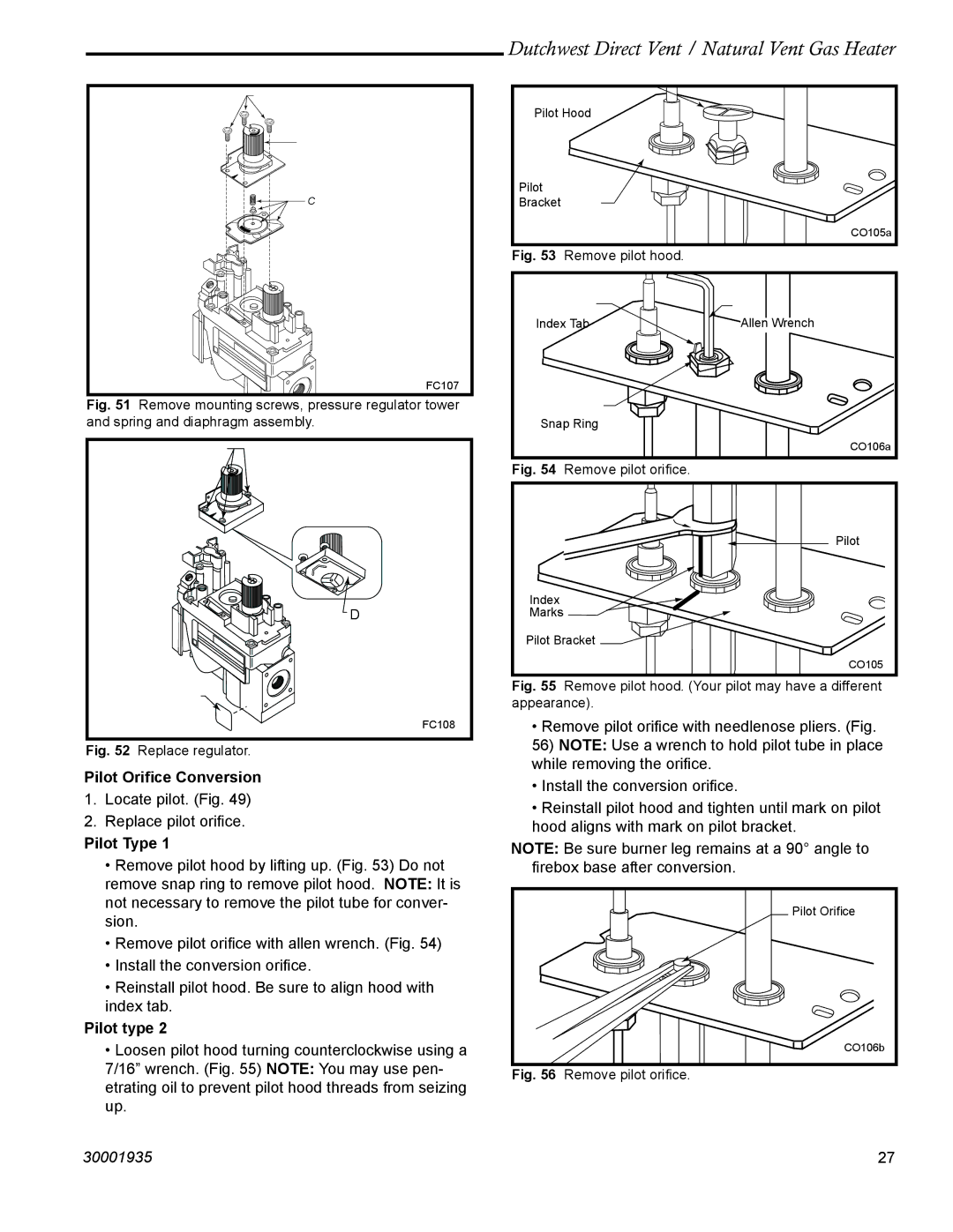 Vermont Casting 2465, 2466 manual Pilot Oriﬁce Conversion, Pilot Type 