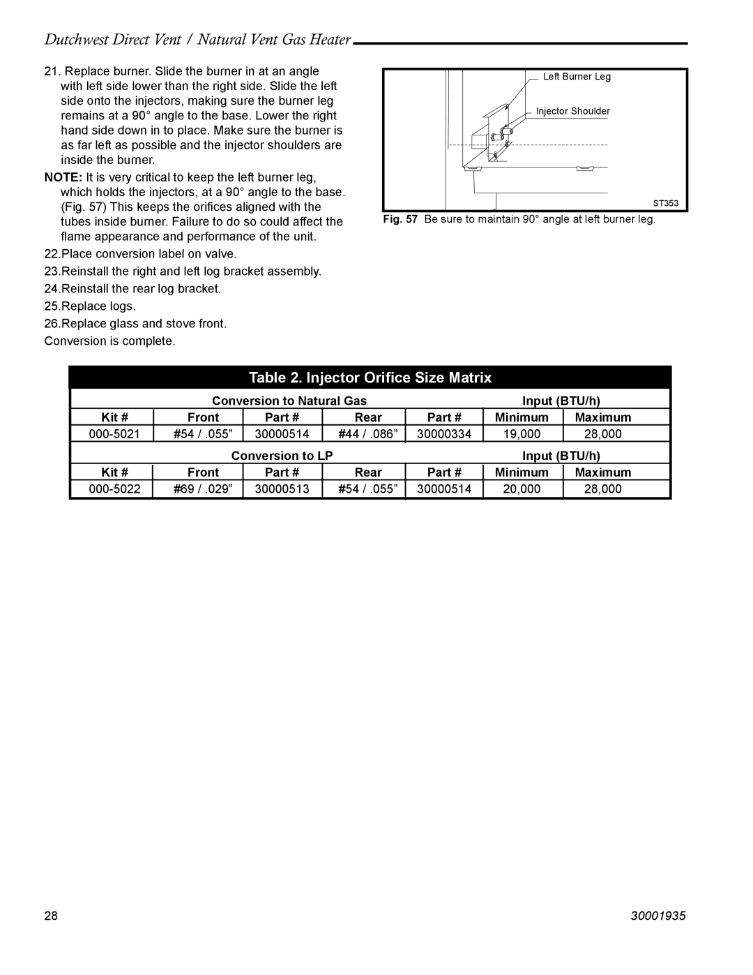 Vermont Casting 2466, 2465 manual Injector Oriﬁce Size Matrix, Be sure to maintain 90 angle at left burner leg 